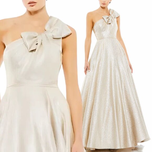 $598 Mac Duggal Size 10 Gold Silver Oyster Metallic Brocade Long Maxi Gown Dress - Picture 1 of 4